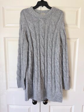 NWT Michael Kors Light Gray Wool Cable-Knit Crewneck Sweater Dress size L